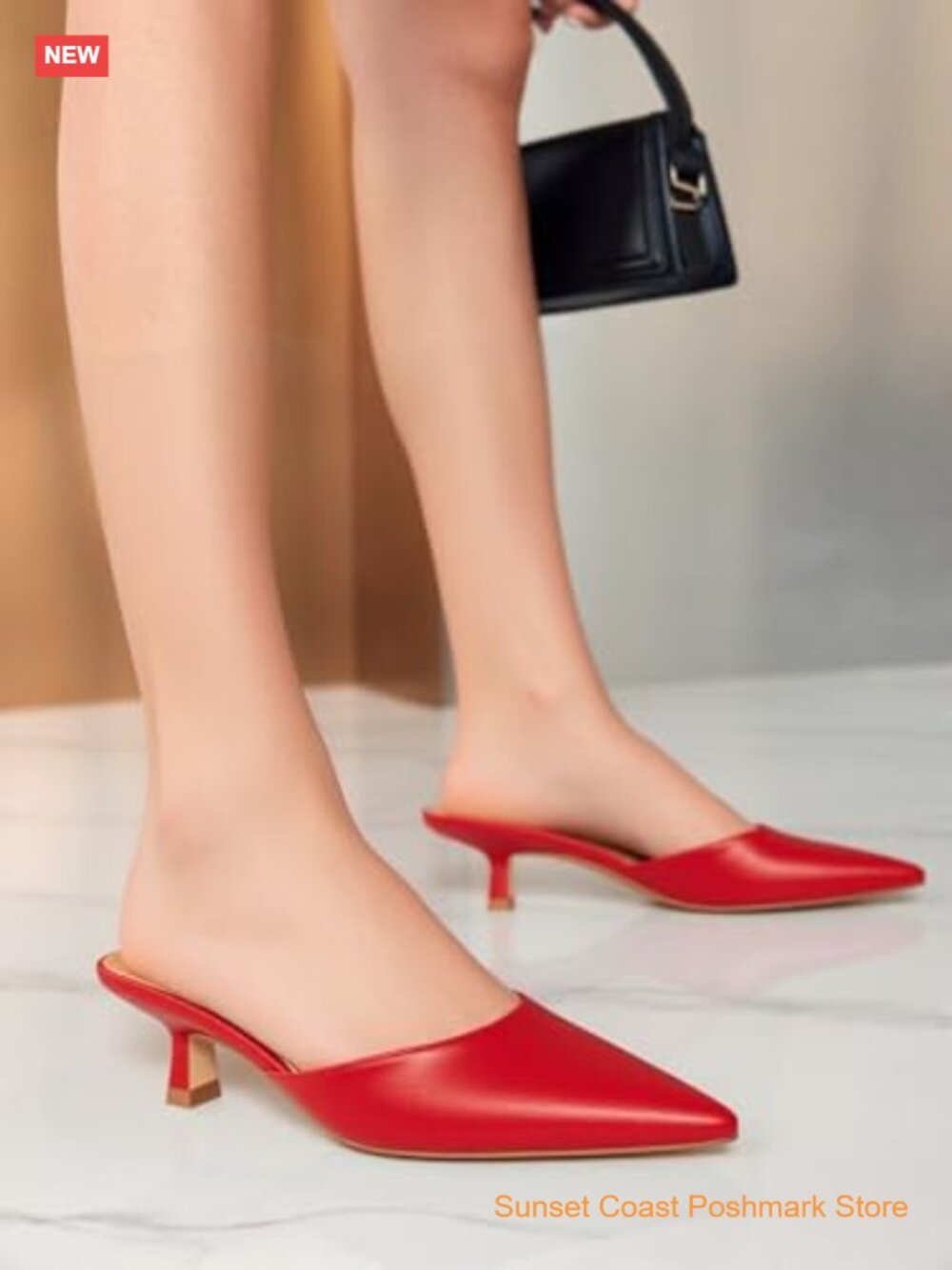 Womens Kitten Heels Mules Closed Pointed Toe Slip On Backless Dress Shoes Faux - Picture 3 of 7